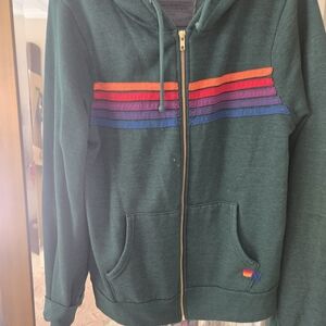 Aviator Nation Green Hoodie with 5 Rainbow Stripes